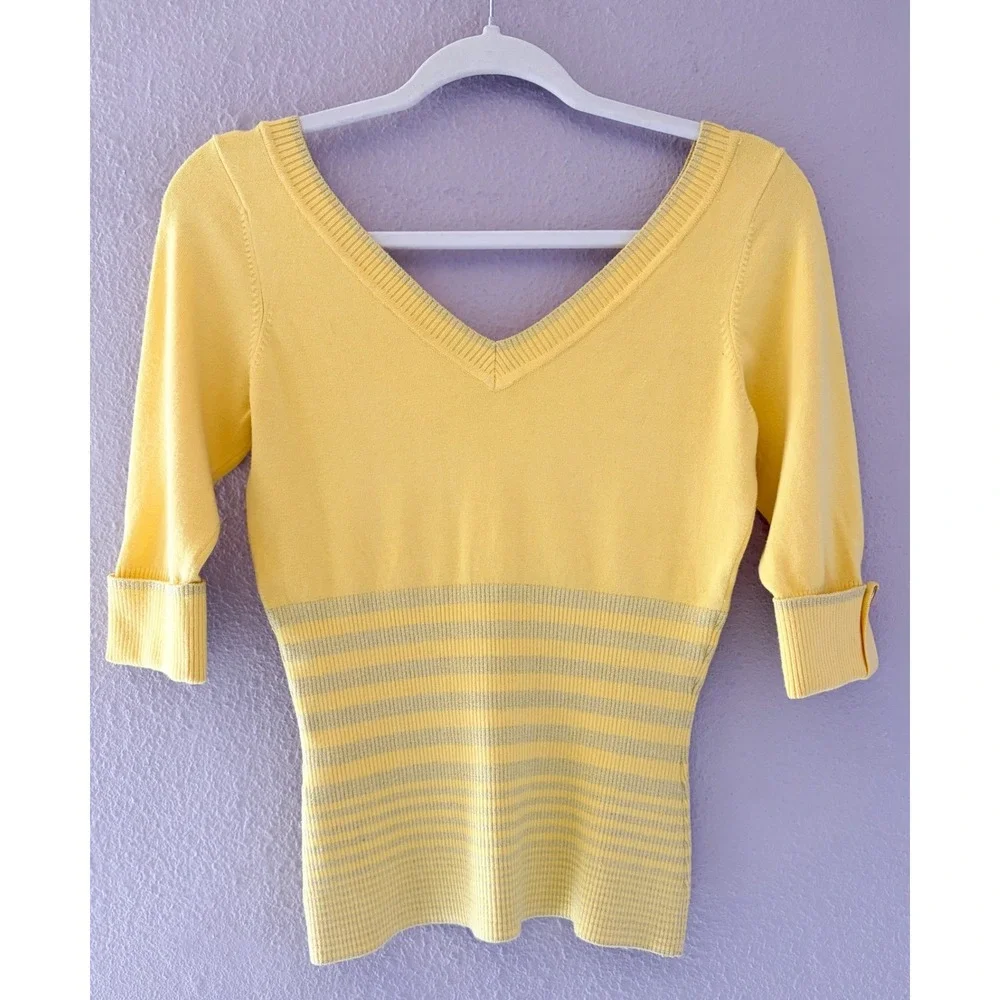 Bebe Y2K Yellow Rhinestone Logo V Neck Sweater Top Metallic Striped - Picture 4 of 4